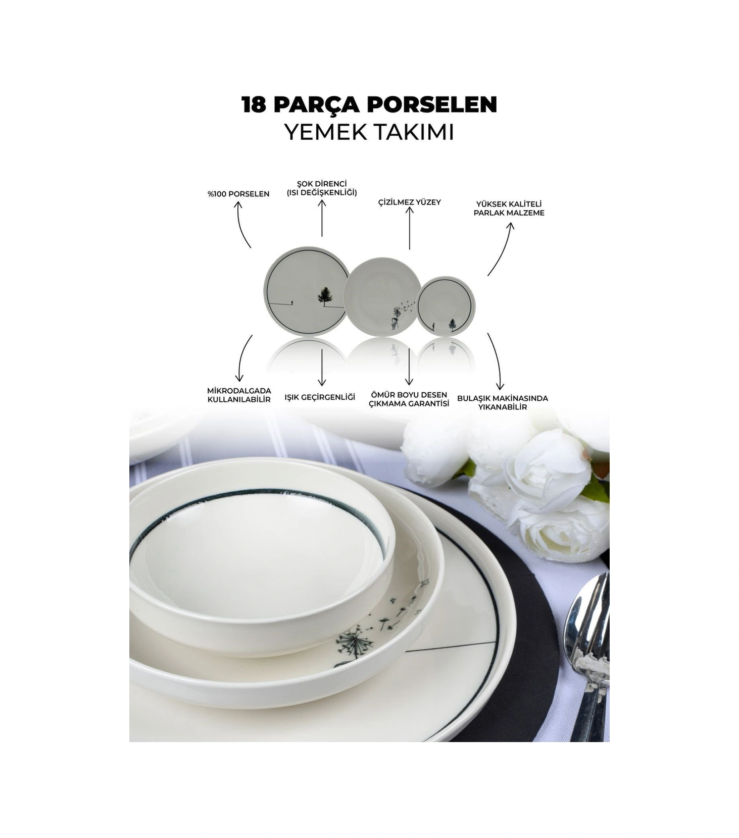 Düğüm 18 Parça 6 Kişilik Porselen Yemek Takımı Çok Renkli