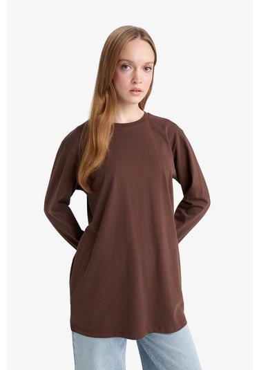 Defacto Regular Fit Bisiklet Yaka Uzun Kollu Tişört Tunik D4897ax25aubn341 Kahve