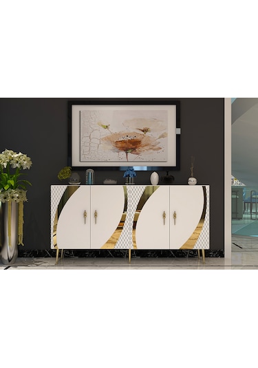 Handle Konsol Tv Sehpası Çok Amaçlı Dolap 150 Cm Beyaz Altın