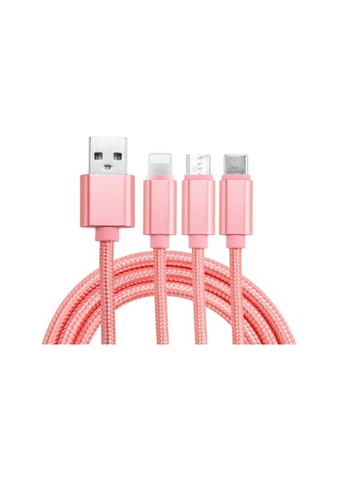 Yaozixa Üçlü Bağlantı Lightning/type-c/micro Usb Nilon Örgü Şarj Kablosu 2a Hızlı Şarj - Pembe