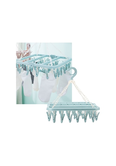 Skycity 32 Klipsli Plastik Çamaşır Asma Aleti - 360 Derece Döner, Rüzgar Dayanıklı Kanca, Bebek Çamaşırları, Çoraplar İçin Mavi Mavi