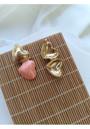 Çelik İkili Kalpli Pembe Küpe Altın - Pembe