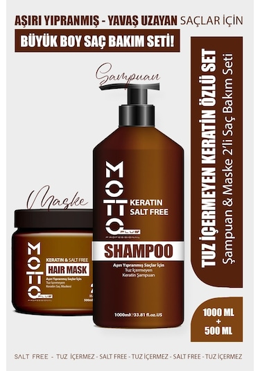 Motto Plus Professional Yavaş Uzayan - Aşırı Yıpranmış Saçlar İçin Tuzsuz Keratinli 2'li Saç Bakım Seti Şampuan - Maske
