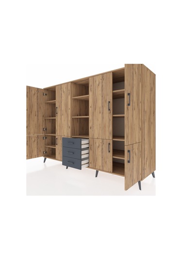 Kronos Dolap 11 Raflı 3 Çekmeceli 8 Kapaklı 220x59x163 Çam-çam/an Çam-çam/antrasit