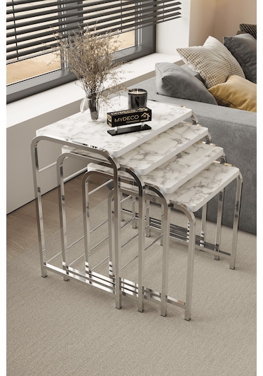 Defne 4' Lü Zigon Sehpa Gümüş Ayak Beyaz Mermer Desen 18 Mm Mdf Gümüş - Beyaz Mermer