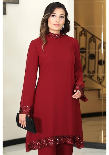 Umay Şifon Tunik Pantolon İkili Tesettür Takım Bordo Bordo