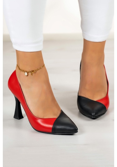 Jatqılı Plus Siyah Kırmızı Kadeh Topuklu Ayakkabı Siyah - Kırmızı