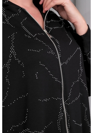 Kapüşonlu Fermuarlı Taş Baskılı Ceket Siyah