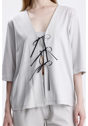 Laperissa Kadın Gri 3 Lü Ev Giyim Takımı Büstiyer, Pantolon Ve Bağlamalı Üst Gri