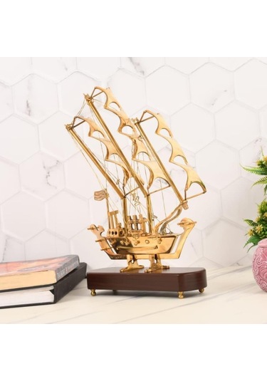 Pirinç Yelkenli Gemi Ahşap Kaideli Ev Ofis Dekorasyon 33cm