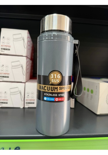 Paslanmaz Çelik Termos Su Şişesi 600ml Vakumlu Kapak Gri İthal Ürün Gri