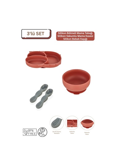 3'lü Silikon Bebek Beslenme Seti / Bölmeli Mama Tabağı / Mama Kasesi / Mama Kaşığı - Kiremit Rengi Kiremit