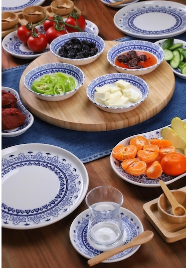 Bambum 49 Parça 6 Kişilik Lenny Porselen Kahvaltı Takımı - Lüx Kahvaltılık Sunum Seti Beyaz - Mavi