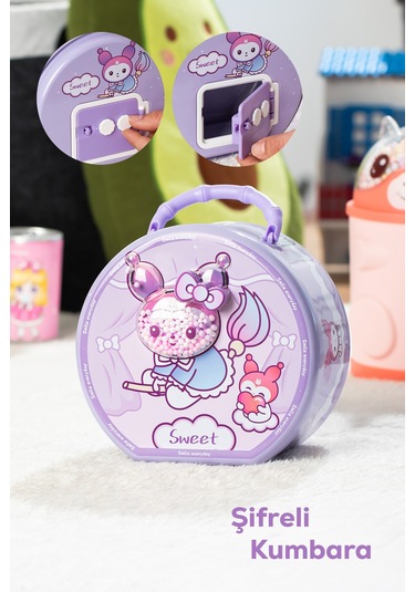 Porsima 040-1 Metal Şifreli Kilitli Yuvarlak Kumbara Lila 15x15cm