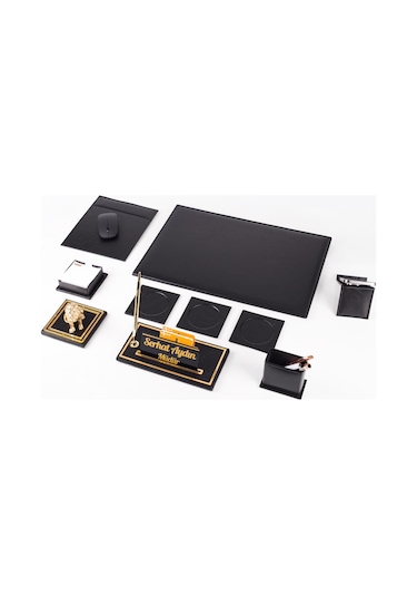 Opta 10 Parça Aslan Biblolu Siyah Deri Sümen Seti Takımı Gold Kalem Ofis Masa İsimliği Lüks İsimlik