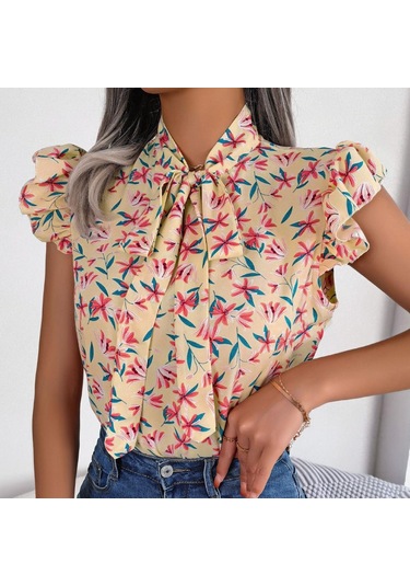 Gmxıa Kadın Modası Rahat Yaz Çiçek Desenli Kolsuz V Yaka Bluzlar Ve Ahşap Kulak Kenarlı Fiyonklu Şifon Gömlekler Kayısı Açık Bej