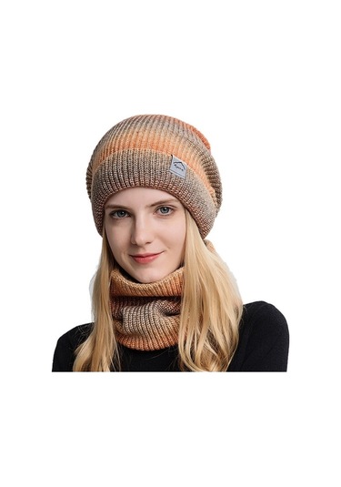 Kadın Kışlık Örgü Şapka Ve Snood Seti, Degrade Desenli Soğuk Hava İçin Sıcak Tutan Bere Atkı Takımı Turuncu