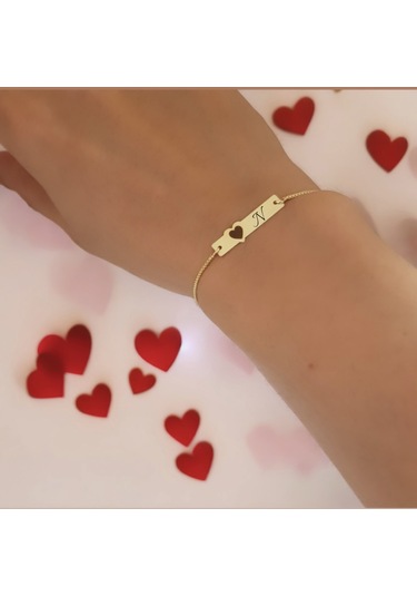 Archin N Harfine Özel Kalp Motifli 14 Ayar Altın Plakalı Zincirli Hediye Bileklik-432harf N