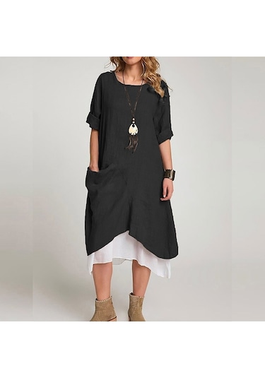 Barbora Keten Yazlık Günlük Tasarım Kadın Elbise Bt263siyah10 001