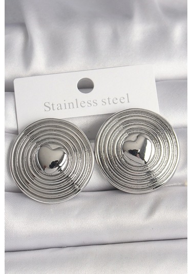 Pirinç Gümüş Renk Kalp İşlemeli Daire Plaka Model Kadın Küpe Çok Renkli