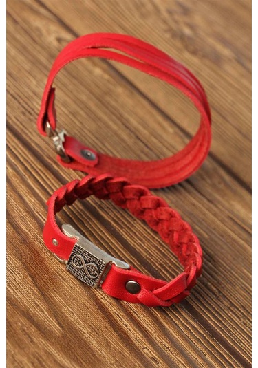 Ezoconcept Desenli Metal Aksesuarlı Kırmızı Renk Deri Erkek Bileklik Kombin