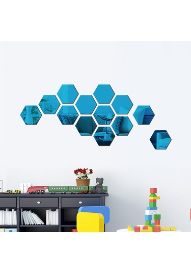 Geeksen Mavi 12 Adet Otomatik Yapışkan Hexagon Açıkçık Ayna Duvar Sticker 4.6x4cm 1mm Kalınlık Mavi