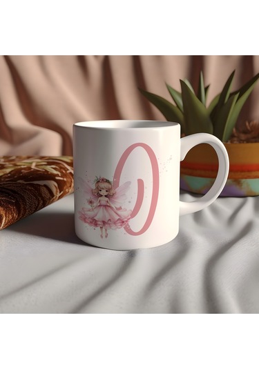 O Harfi Pembe Peri Kızı Figürlü Kupa Bardak Masalsı Çay Kahve Kupası - Kişiye Özel Hediye Beyaz