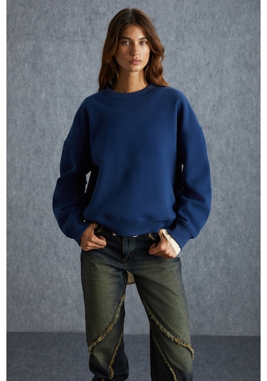 Vaneltına Kadın Içi Polarlı 3 Iplik Organik Pamuk Oversize Basic Bisiklet Yaka Lacivert Sweatshirt