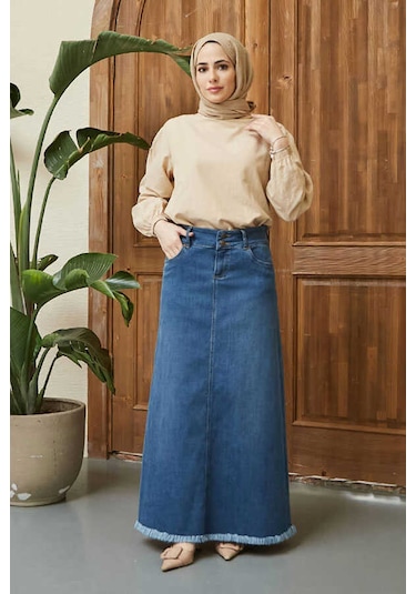 Neways 2252-Denim Püsküllü  Etek Koyu Mavi
