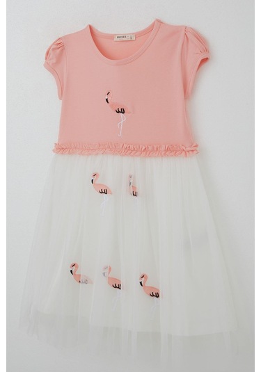Breeze Kız Çocuk Elbise Sevimli Flamingo Nakışlı Tüllü 4-8 Yaş, Somon SOMON
