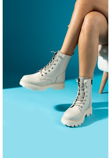 Shoetek Ahuela Kadın Bot&bootie Taş Bağcıklı Postal Bej Deri Bej Cilt