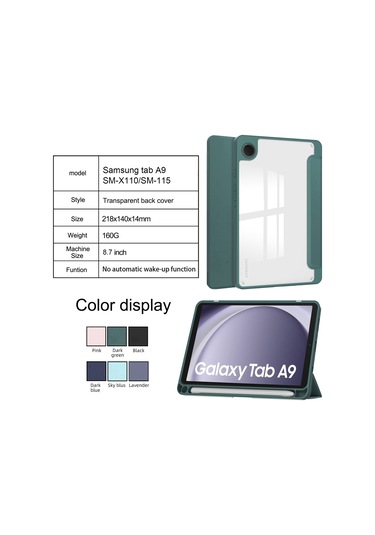 Youtek Samsung Galaxy Tab A9 8.7" Kılıf - A9 Plus 11" Uyumlu, Kalem Bölmeli, Uyandırma Fonksiyonlu, Üç Katlı Şeffaf Koruyucu Kılıf Koyu Yeşil