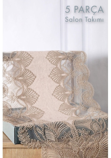 Avangart Kadife Fransız Güpürlü 5 Parça Salon Takımı - Vizon