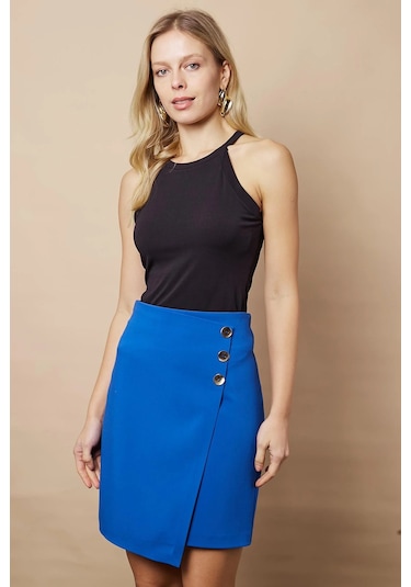 Kadın Arkadan Fermuarlı Düğme Detaylı Hafif Likralı Kumaş Diz Üstü Kalem Etek-saks SAX