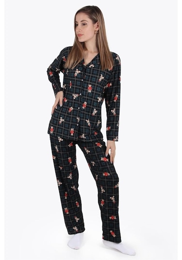 Lukitus Desenli Süet Kadın Büyük Beden Battal Pijama Takımı Byrz-ayck Yeşil