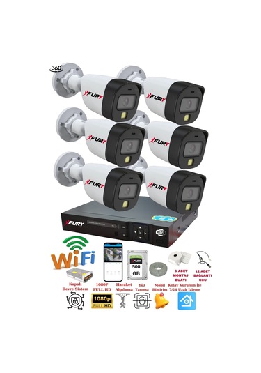 Fury 6 Kameralı Gece Renkli 1080p 2mp Görüntü Full Hd Ultra Led Gece Renkli Güvenlik Kamerası Seti 500gb