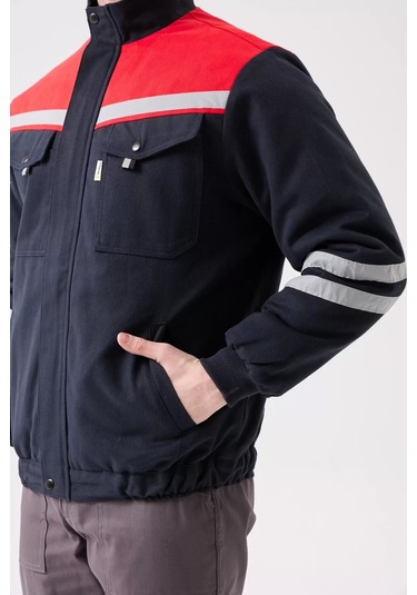 Kışlık İş Montu Grikırmızı Reflektörlü Gabardin Royal Mont İçi Kapitoneli Sıcak Tutan Lacivert-Kırmızı