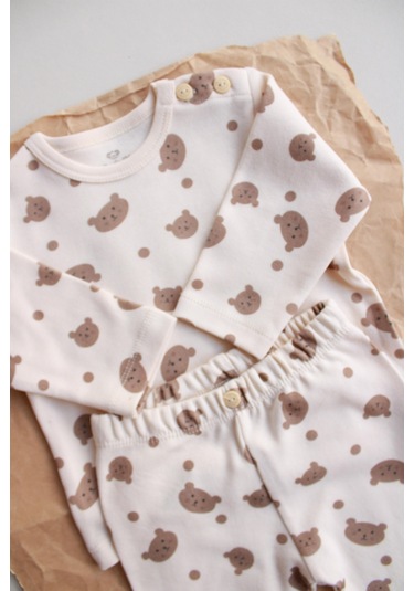 Ayıcık Baskılı Bebek Alt Üst Takım Ekru