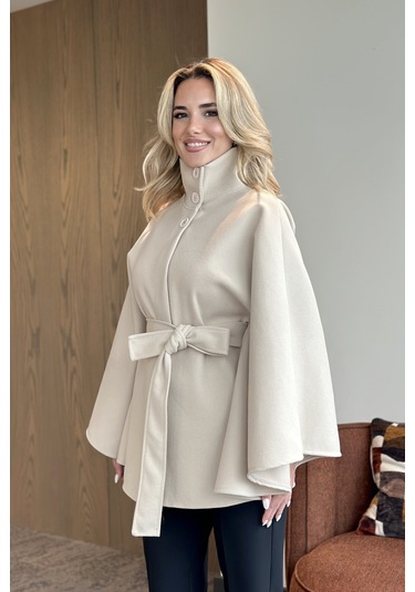 Krem Düğmeli Kuşaklı Kaşe Panço - 2055 Krem