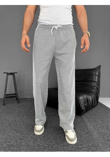 Su Yolu Çizgili Cepli Pantalon Yazlık - Gri Gri