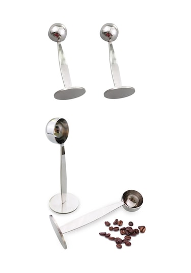 Jeemson Gümüş Renkli Çelik Kahve Ölçü Kova Ve Tamper 2'li 1, Uzun Kollü, Ev/restoran Mutfak, Çay Şeker Baharatlarda Kullanım Gümüş