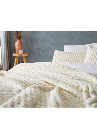 Doqu Petek Battaniye Seti Çift Kişilik Krem Diğer