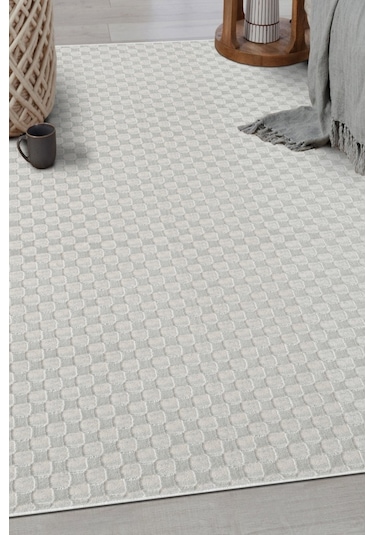 Pamuk Tabanlı Modern Tasarımlı Sisal Dama Gri Renk Halı Krem