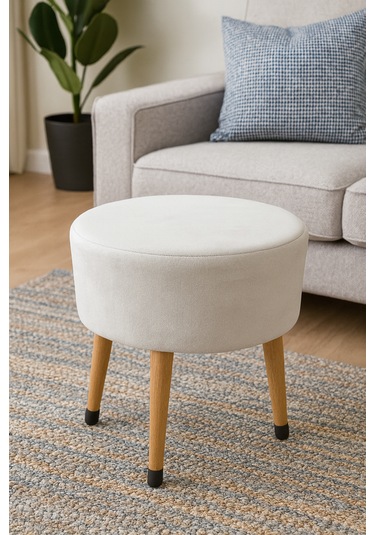 Ustaagac Puf Koltuk Bench Tabure Beyaz - Ahşap Ayaklı Beyaz