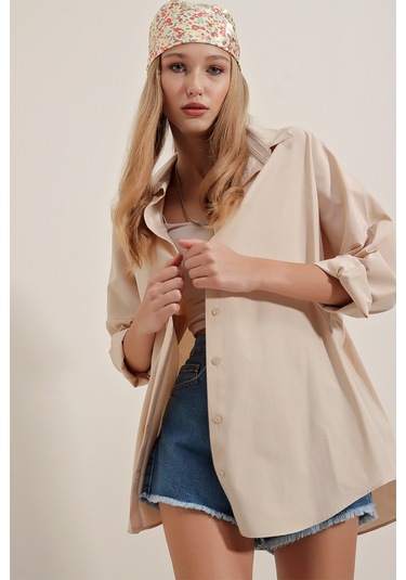 Bigdart 3900 Oversize Uzun Basic Gömlek - Krem 001