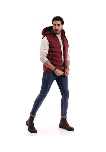 Everest Jel Dolgu Çıkartılabilen Fermuarlı Kapüşonlu Erkek Şişme Yelek Bordo