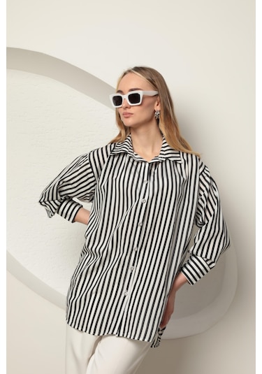 Chıcnhappy Poplin Kalın Çizgi Kadın Gömlek Siyah 24pn50610147 Siyah