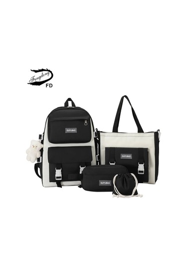Fengdong 5 Adet/takım Öğrenci Okul Çantası Siyah Beyaz Moda Okul Açık Vizon