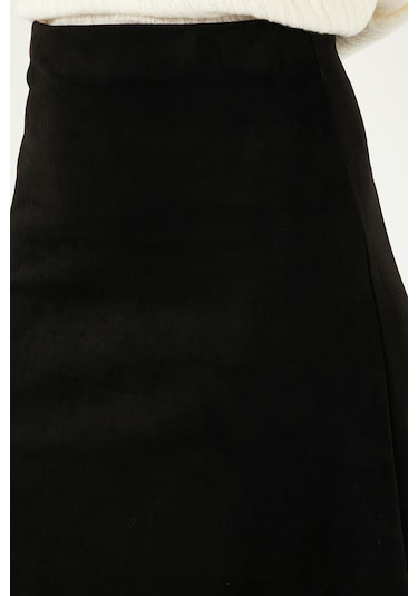 Lela Streç Regular Fit Yüksek Bel Midi Boy Süet Çan Bayan Etek 5866180 Siyah