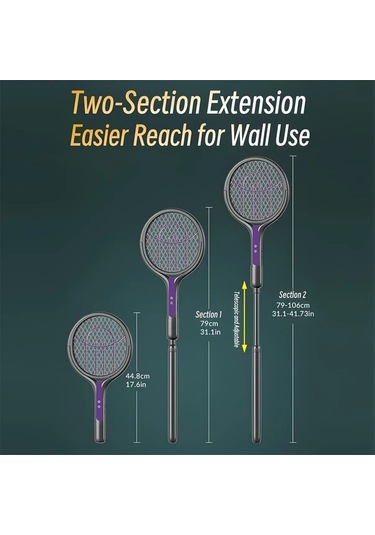 Boatshop1 2 İn 1 Elektrikli Sivrisinek Racket Yükseltilmiş Versiyon Teleskopik Çubuk 180 Derece Döner Baş Şarj Edilebilir 1200mah